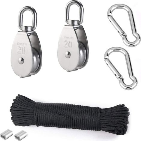 Poulie de levage, 2 poulies de 20 mm en acier inoxydable 304, 2 poulies simples M20, pour cordes et câbles, avec corde d'escalade de 8 mm et 20 m. (1/5)