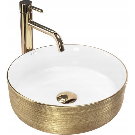 Sami White Brushed Gold Rundes Aufsatzwaschbecken ohne Überlauf (1/5)