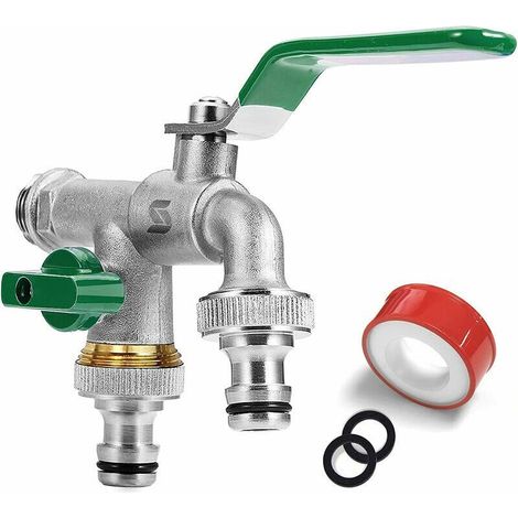 VURAHOME – Gartenhahn, 1/2"-Doppelhahn aus Messing, rost- und frostbeständig, mit 2 x 3/4"-Ausgängen, 1 x Dichtungsband, Doppelanschluss und Schlauchdüse (1/5)
