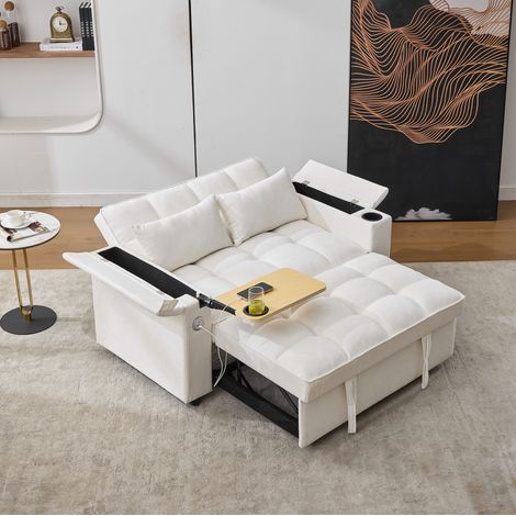 Canapé convertible 2 places 140,5 x 74 x 82 cm, dossier réglable, USB/Type-C, beige HAVRYA (1/5)