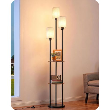 EDISHINE Lampadaire sur Pied pour Salon, Lampe sur Pied LED 3-Flamme avec Étagère et Abat-Jour en Lin