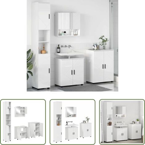 vidaXL Armoire miroir -  Ensemble de mobilier de salle de bain 4 pcs Blanc brillant (1/5)