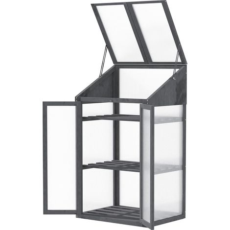 Frühbeet aus Holz, Mini Gewächshaus 70 x 50 x 120 cm, Treibhaus mit Abdeckung, Fenster, Doppeltür, lichtdurchlässig Frühbeetkasten mit 3 Regale, winterfest Hochbeet für Garten, Balkon, Grau