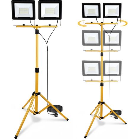 Projecteur de chantier LED avec trépied, 2 x 100 W, 21000 lm, câble de 5 m, étanche IP66, 72 LED, rotatif à 360°, projecteur de chantier, réglable en hauteur, pour garage et chantier (1/5)