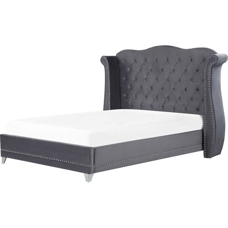 Lit Double Capitonné Type Chesterfield en Velours Gris avec Haute Tête de Lit Boutonnée 180 x 200 cm avec Sommier pour Chambre Glamour Vintage Beliani (1/5)