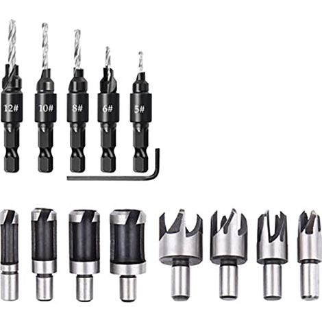Sollbry 14-teiliges Holzbearbeitungsbohrer-Set, Dübellochschneider, Senker, Bohrer mit fünf Schlitzen, Sechskantschlüssel, Schwarz und Silber (1/4)
