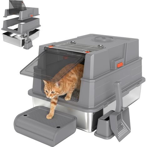Katzenklo XXL Edelstahl Katzentoilette 130L mit 180° Klappdeckel Hohen Seitenwänden Schaufel Trittstufe 70x50x43cm Grau (1/5)