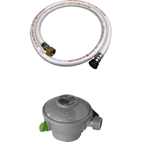Kit Tuyau flexible de gaz 1.5 m à embouts mécaniques + Détendeur Quick-on Ø27mm Butane 28mbar 1.3kg/h. raccord rapide – Normes NF (1/2)
