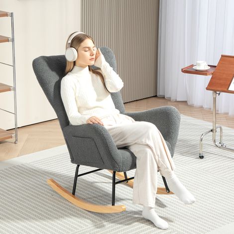 Mecedora de Borreguito con Respaldo Acolchado Almohada y Base de Madera de Caucho Carga 120 kg Gris (1/5)