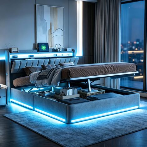 FOERPL-Letto 140 x 190 cm con rete a doghe, letto contenitore 140 x 190 cm con LED e porte USB, letto matrimoniale imbottiti 140 x 190 cm con testiera e contenitore, letto per adulti con rete a doghe