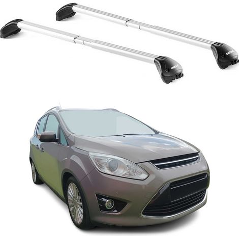OMAC Barres de toit transversales certifiées TÜV pour Ford C-Max II 2010-2019 7places – Verrouillables (4 antivols) – Charge max 100 kg – Sangle inox + protection caoutchouc Argent (1/4)