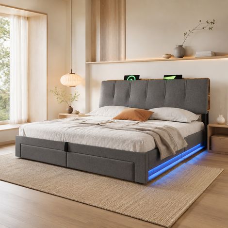 Cama tapizada con arcón 180x200 cm gris lino, LED, USB y Type-C (1/5)