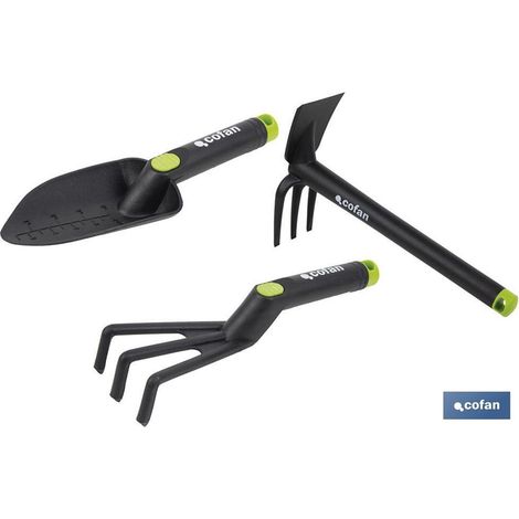 Set di 3 attrezzi da giardinaggio (include trapiantatrice, rastrello e paletta)