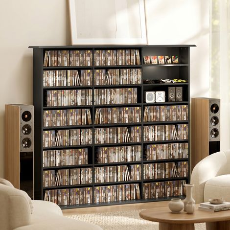 Étagère multimédia 1032 CD/594 DVD, meuble de stockage noir, 24 casiers et 18 tablettes réglables, rangement compact pour collection audiovisuelle. (1/5)