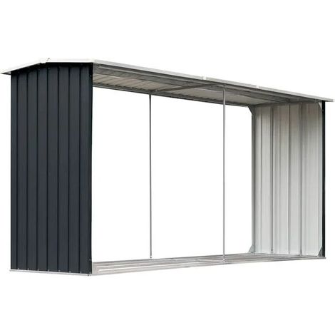 Abri de stockage en acier galvanisé et bois, dimensions : 330 x 92 x 153 cm, couleur anthracite.
