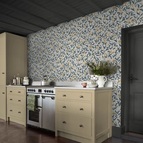 Papier peint intissé William Morris Bird & Pomegranate Cloudy Blues 1005 x 52cm Bleu sarcelle, ocre (1/5)