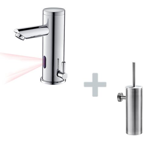 Auralum Mitigeur Lavabo Infrarouge Electronique Eau Froide/Chaude en Laiton Chrome+Porte Brosse Toilette Acier Inoxydable Brosse WC Mural (1/5)