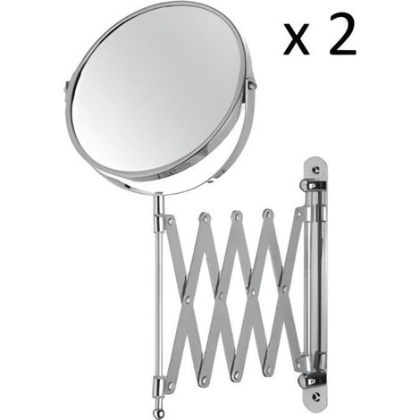 Miroir mural grossissant - JUANIO - Modèle double face - Lot de 2 - Grossissement x2 - Bras extensible - Chrome (1/4)
