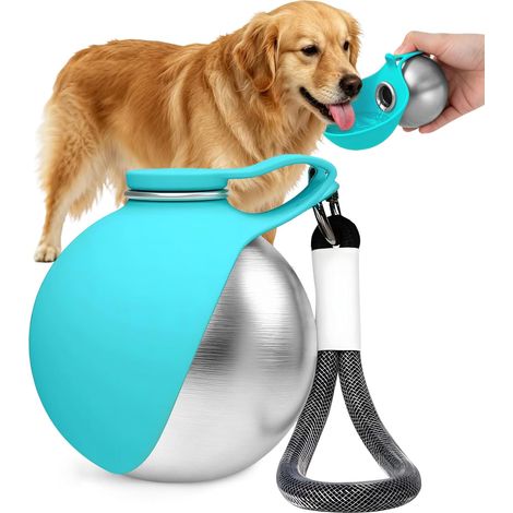 Trinkflasche Hunde für Unterwegs, Hundetrinkflasche für Unterwegs, 285 ml Edelstahl Hunde Trinkflasche mit Faltbarem Silikonnapf, Auslaufsichere & Kompakte Hundetrinkflasche für Spaziergänge (1/5)