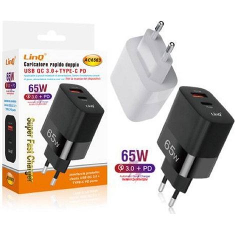Trade Shop - Caricabatteria Rapido Doppio 65w Usb Quick Charge 3.0 + Type-c Power Delivery Ac6563 - (1/5)