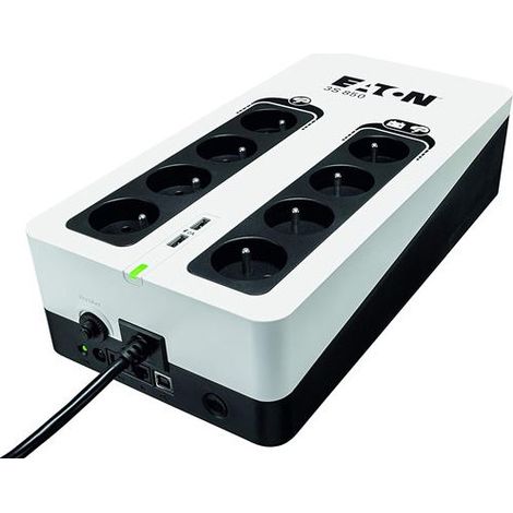 Multiprise ondulée Eaton 3S 850VA – 8 prises FR (4 ondulées + 4 parafoudre) – Protection ligne Tel/internet – 2 ports USB 2A