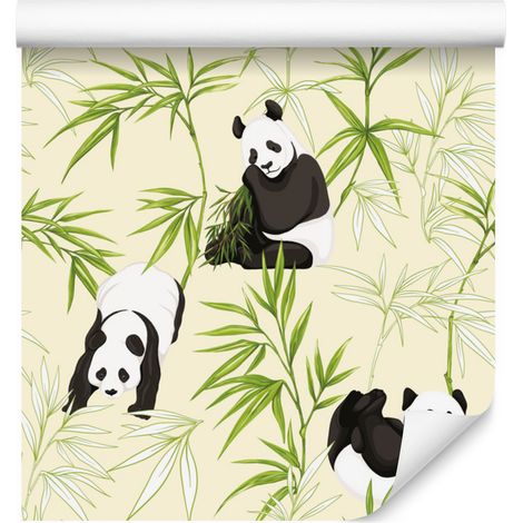 Papel pintado de pandas y plantas para salón y dormitorio, 50x1000 cm. (1/5)