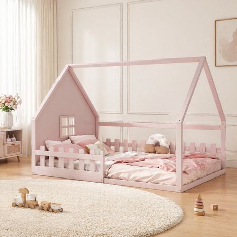 MEUBLIV Letto a casetta per bambini 140x200 cm rosa con barriera di sicurezza, senza materasso (1/5)