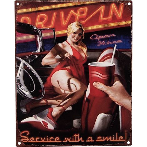 Plaque décorative murale en fer rouge style vintage femme et voiture 20 x 25 cm - PANGIVO