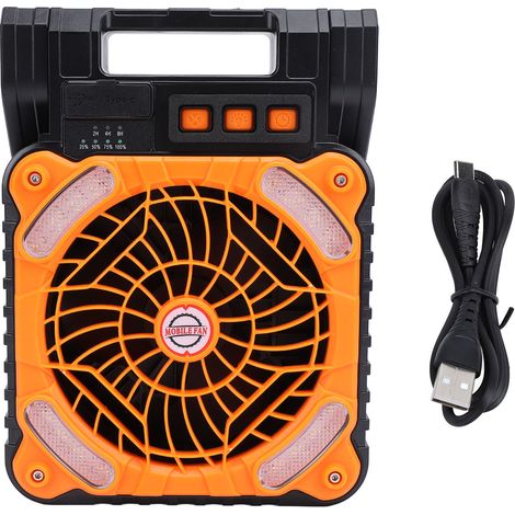 Ventilador Solar Plegable con Luz LED y Batería 5200mAh, Carga USB, ABS Naranja – Ideal para Camping y Exterior (1/5)
