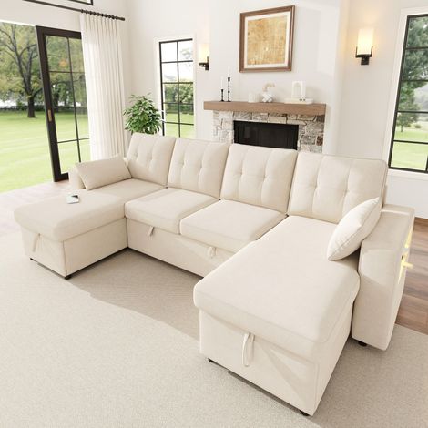 Sofá cama rinconero - 273 x 131 x 83 cm - extraíble en u doble chaiselongue almacenamiento oculto, led, usb - moderno - chenilla - beige (1/5)