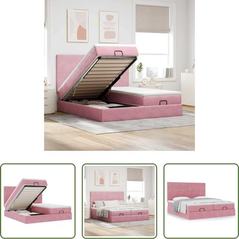 vidaXL Rangement sous le lit - Cadre de lit ottoman avec matelas rose 160x200 cm velours (1/5)