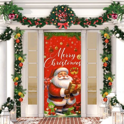 Stickers de porte de Noël, décorations de porte Père Noël, décorations de fête du Nouvel An, décorations de fêtes, banderoles/décorations de porte - 90 x 180 cm (avec trous et ruban) - 22