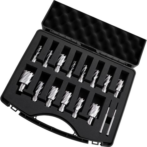 Mophorn Coffret de Fraises Annulaires HSS, 16 Pièces, Fraises à Carotter pour Perceuse Magnétique, Queue Weldon, Profondeur de Coupe 25,4 mm, Diamètre 11,11 à 34,92 mm, avec 2 Goupilles Pilotes (1/5)