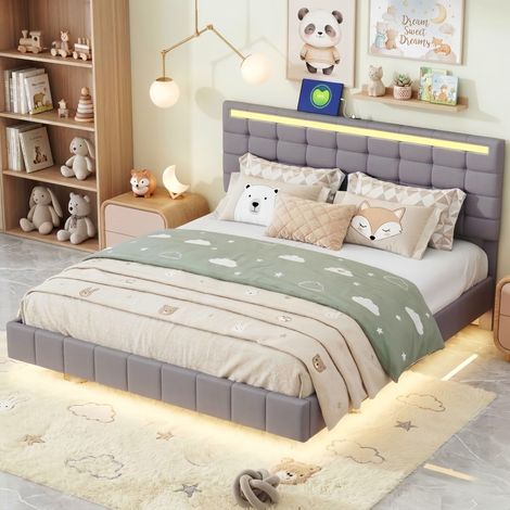 Lit Suspendu 160x200 cm, avec LED et Tête de Lit, Cadre de Lit Tapissier Flottant en Lin, Lit Plateforme 2 Places - Gris