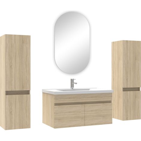 Ocean ensemble meubles Salle de Bain simple vasque 80cm, colonnex2 + miroir ovale Chêne Wotan (1/4)