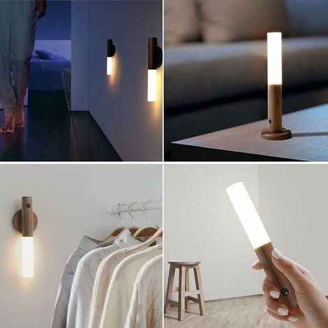 Lot de 2 lampes LED escalier détecteur de mouvement à pile, veilleuse intérieure aspect bois naturel, rechargeable USB, sans fil et fixation magnétique. (1/3)