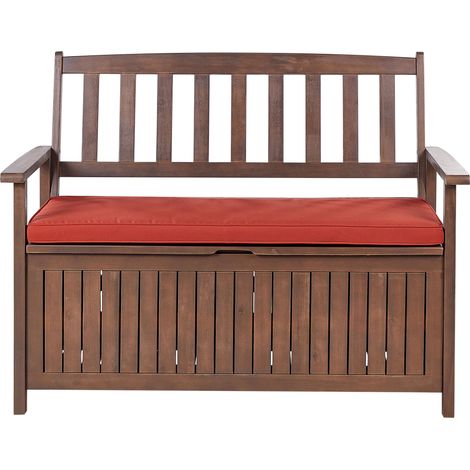 Banco de jardín con almacenaje de madera maciza de acacia 2 plazas 120 cm oscuro cojín rojo Sovana