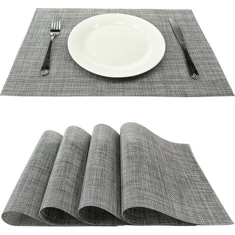 Sets de table pour salle à manger, antidérapants, résistants à la chaleur, en vinyle tissé PVC, lavables, lot de 6, résistants aux taches (gris, 6 pièces). (1/4)