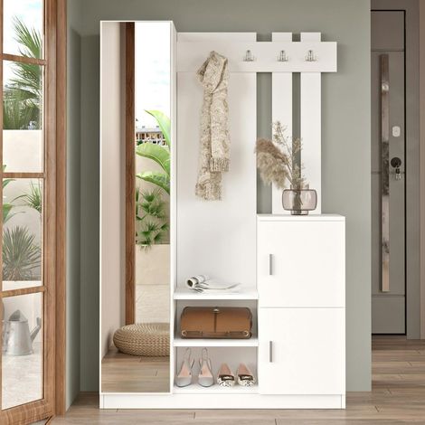 Vestiaire d’entrée blanc miroir et rangements fermés MARFA