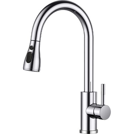 Robinet Cuisine, Mitigeur Cuisine, Pivotant à 360° d'Évier à Arc Élevé Pulvérisateur Escamotable 2 Modes, Chrome Poli-G1/2 (1/5)