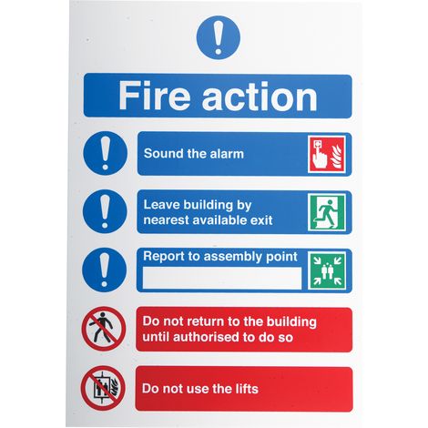 Panneau de sécurité incendie, Fire Action Instructions, texte en Anglais, Bleu/Vert/Rouge/Blanc, PP ( Prix pour 1 ) (1/3)