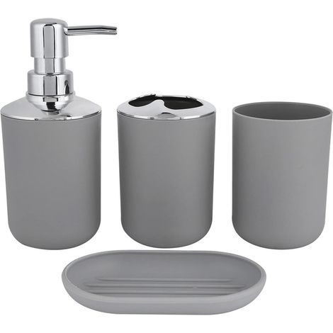 Ensemble d'accessoires de salle de bain 4 pièces comprenant un distributeur de savon, un gobelet, un porte-savon, un porte-brosse à dents et un porte-dentifrice (gris) (1/5)