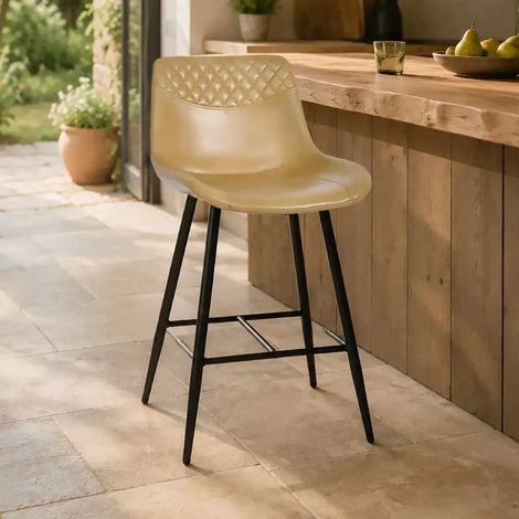 SGABELLO IN METALLO NERO E VERA PELLE BEIGE EFFETTO LUCIDO