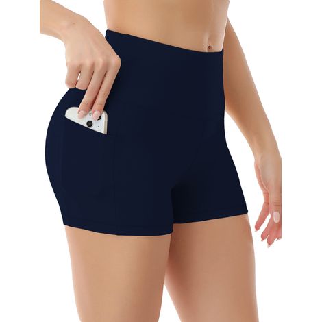 Short de yoga pour femme, poches latérales avec poche pour téléphone, taille haute, idéal pour le yoga et le fitness, pantalon de sport, sous-vêtement, multicolore bleu foncé (1/4)