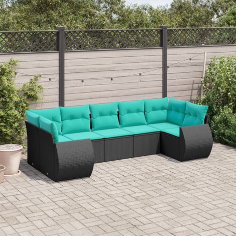 7-teiliges Gartensofa-Set mit Kissen, schwarzes Polyrattan (1/5)