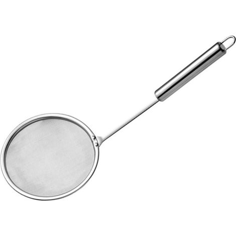 Schiumarola in acciaio inox con rete a maglie fini e manico lungo, ideale per piatti caldi e per cucinare.
