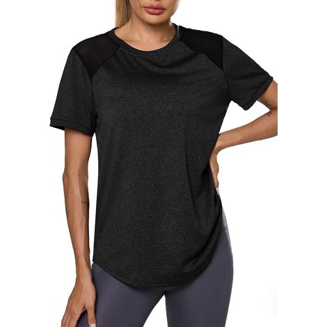 Women's Sports T-Shirt Mesh Back Breathable Top Fitness Yoga Loose Fit Casual Quick Dry T-Shirt Short Sleeve Round Neck Soft Stretchy (1/5)