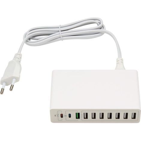 Station de Charge USB 65 W, Chargeur Rapide USB de Bureau à 10 pour Plusieurs Appareils, Téléphone, Tablette, Ordinateur Portable, Prise UE (1/2)