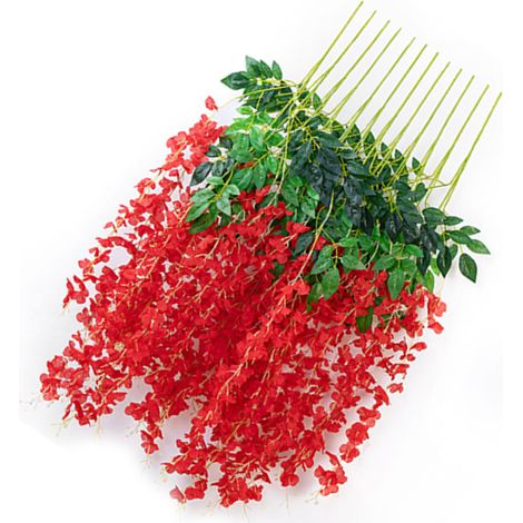 Décoration florale artificielle en soie, 6 feuilles de glycine rouge, idéale pour l'intérieur.