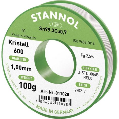 Stannol Kristall 600 Fairtin Stagno senza piombo senza piombo Sn99,3Cu0,7 REL0 100 g 1 mm